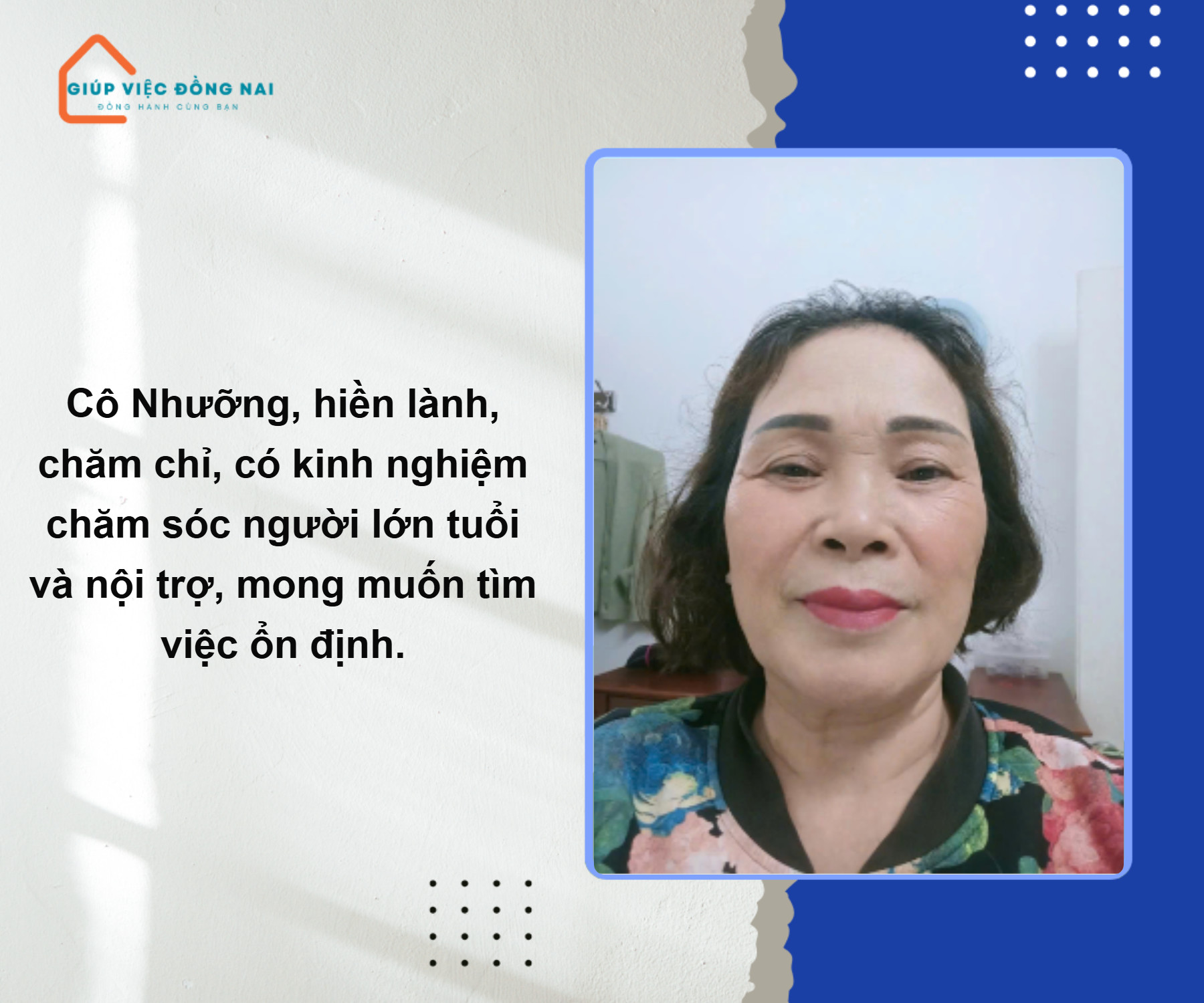 Chị NGUYỄN THỊ NHƯỢNG, sinh năm 1963, quê Bình Định cần tìm việc