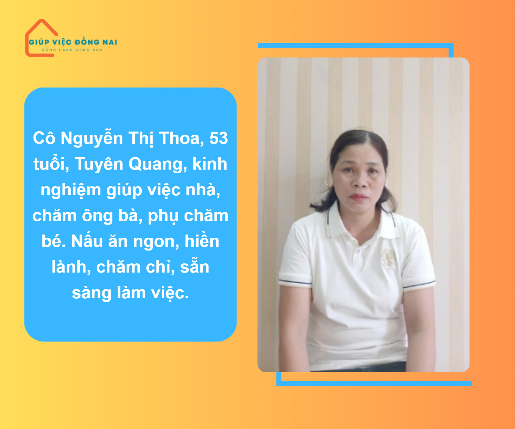 Chị NGUYỄN THỊ THOA, sinh năm 1971, quê Tuyên Quang cần tìm việc