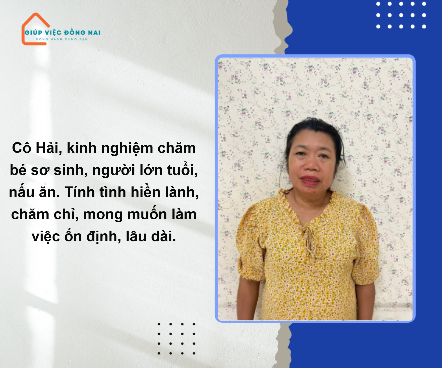 Chị NGUYỄN THỊ HẢI, sinh năm 1973, quê Nghệ An cần tìm việc