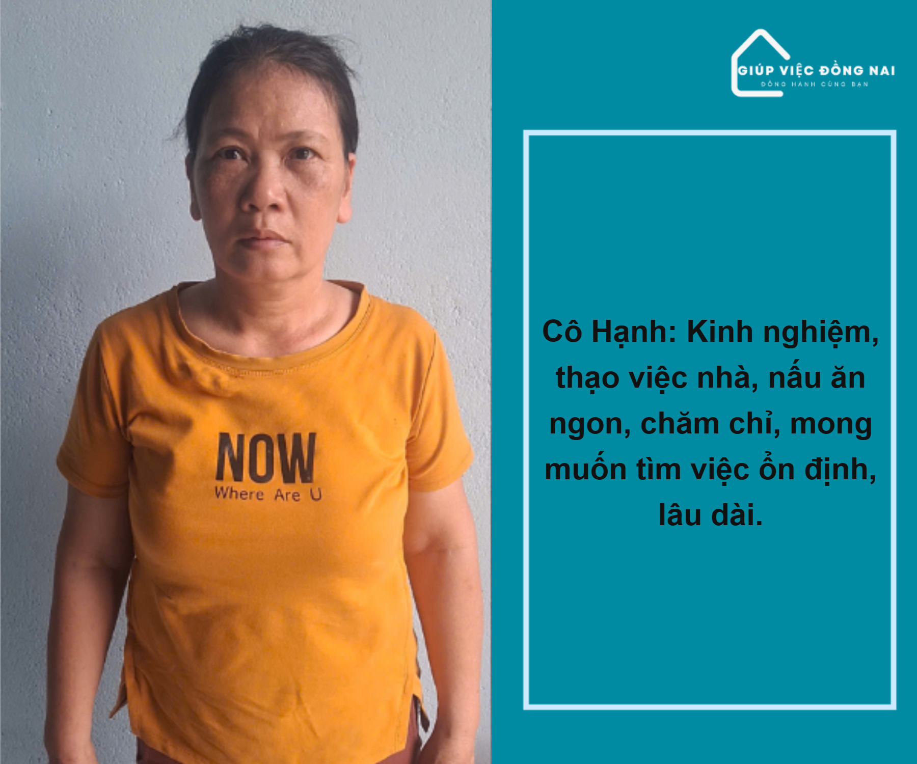 Chị ĐẶNG THỊ MỸ HẠNH, sinh năm 1972, quê Bình Định cần tìm việc