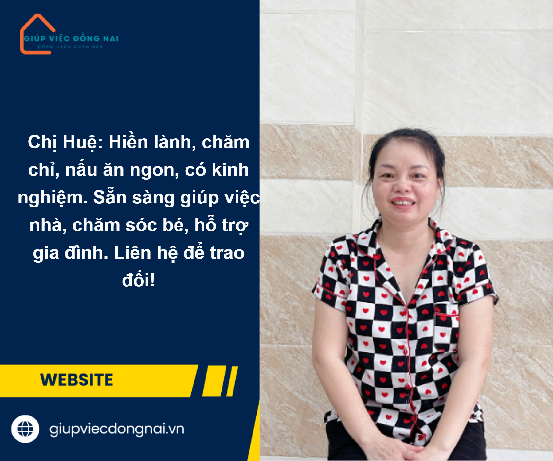 Chị NGUYỄN THỊ HUỆ, sinh năm 1982, quê Hà Tĩnh cần tìm việc