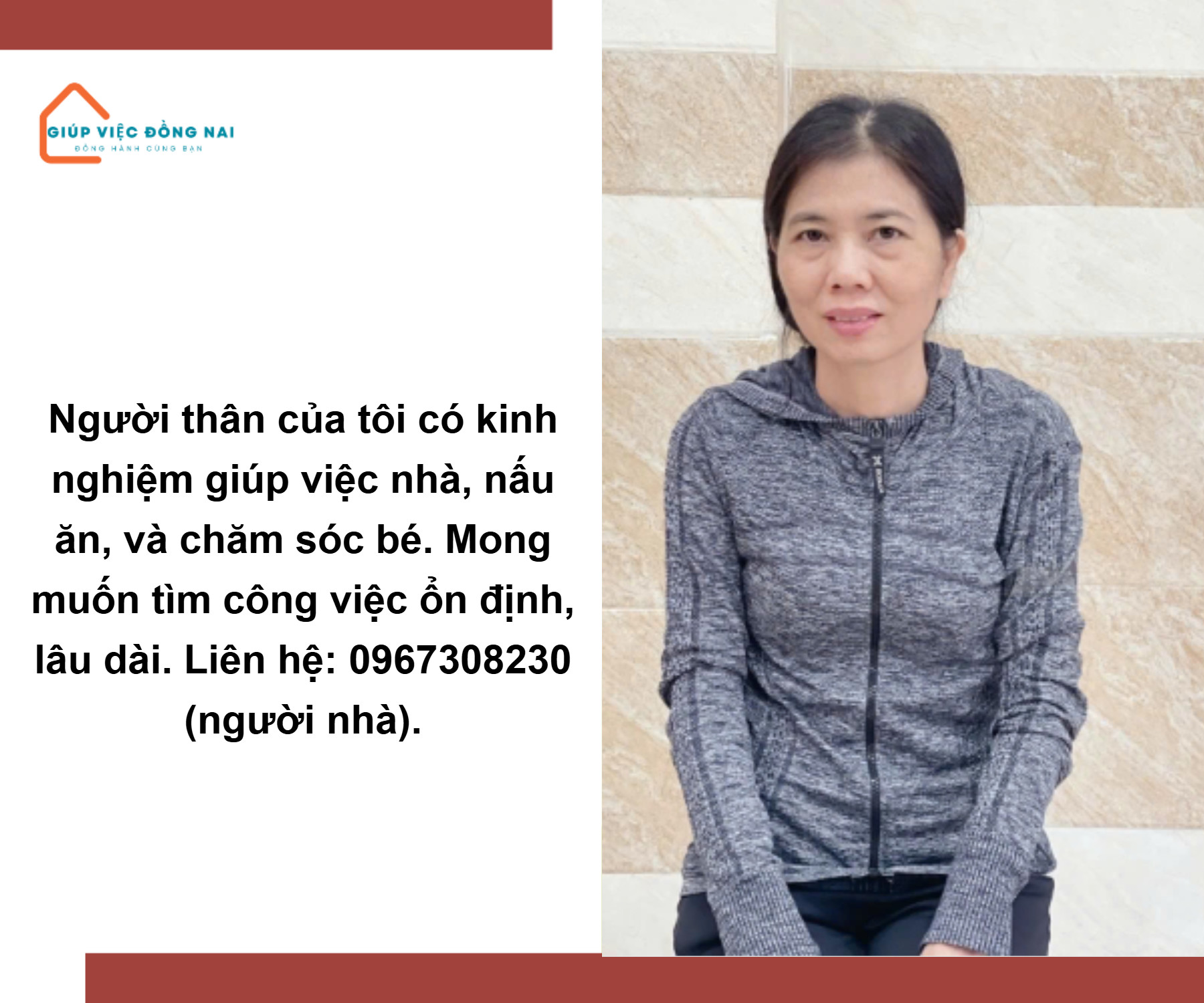 Cô Dung (SN 1975) tìm việc giúp việc nhà tận tâm