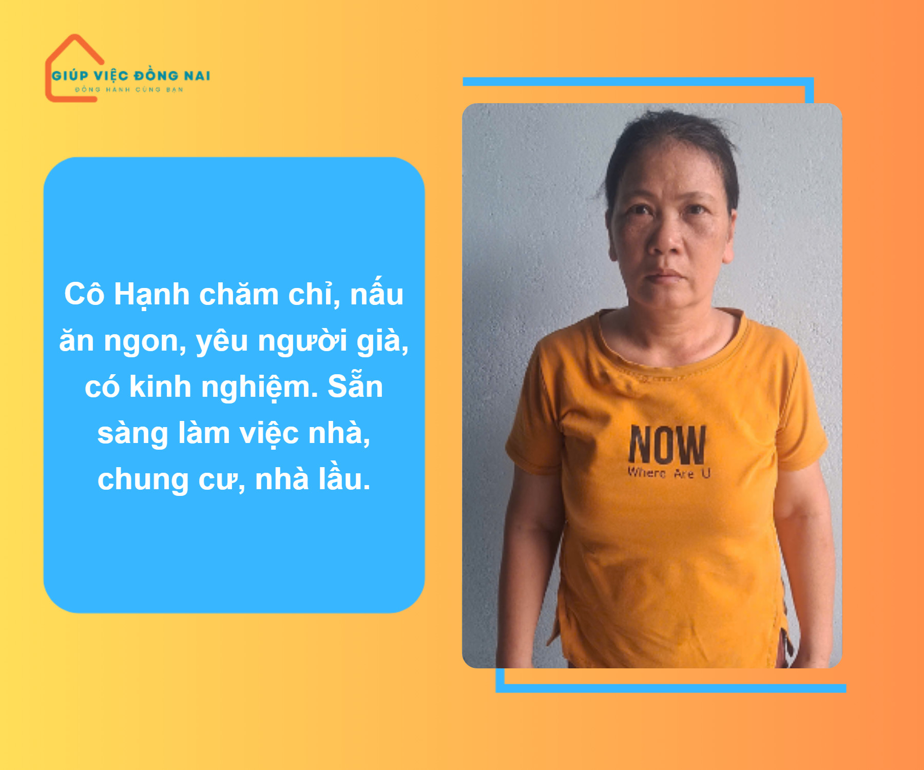 Chị ĐẶNG THỊ MỸ HẠNH, sinh năm 1972, quê Bình Định cần tìm việc