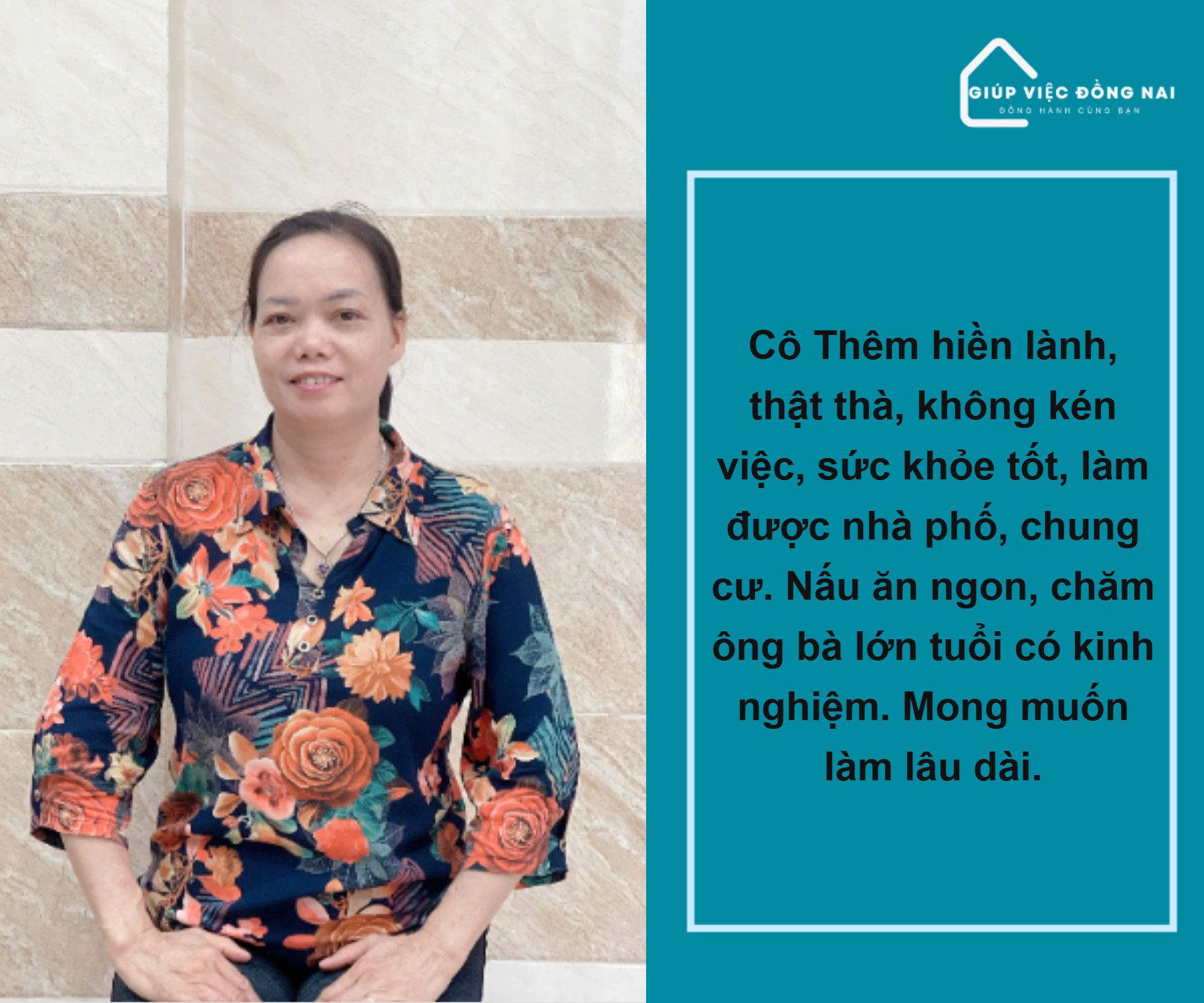 Chị NGUYỄN THỊ THÊM, sinh năm 1972, quê Hưng Yên cần tìm việc