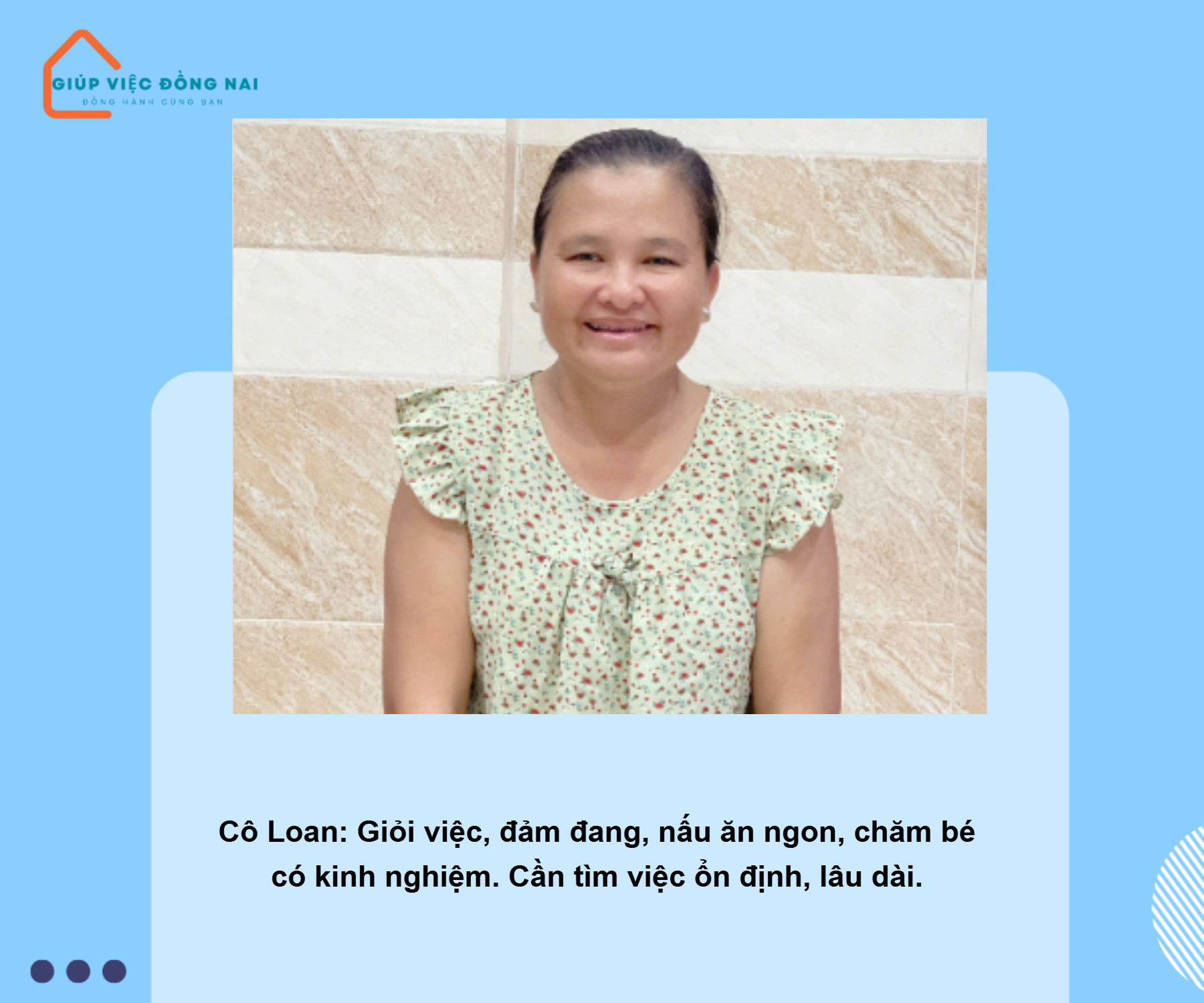 Chị PHẠM TUYẾT LOAN, sinh năm 1981, quê Tiền Giang cần tìm việc