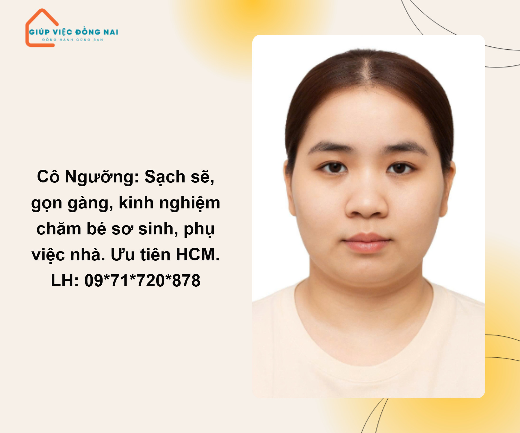 Chị VÕ NGỌC NGƯỠNG, sinh năm 1990, quê Hồ Chí Minh cần tìm việc
