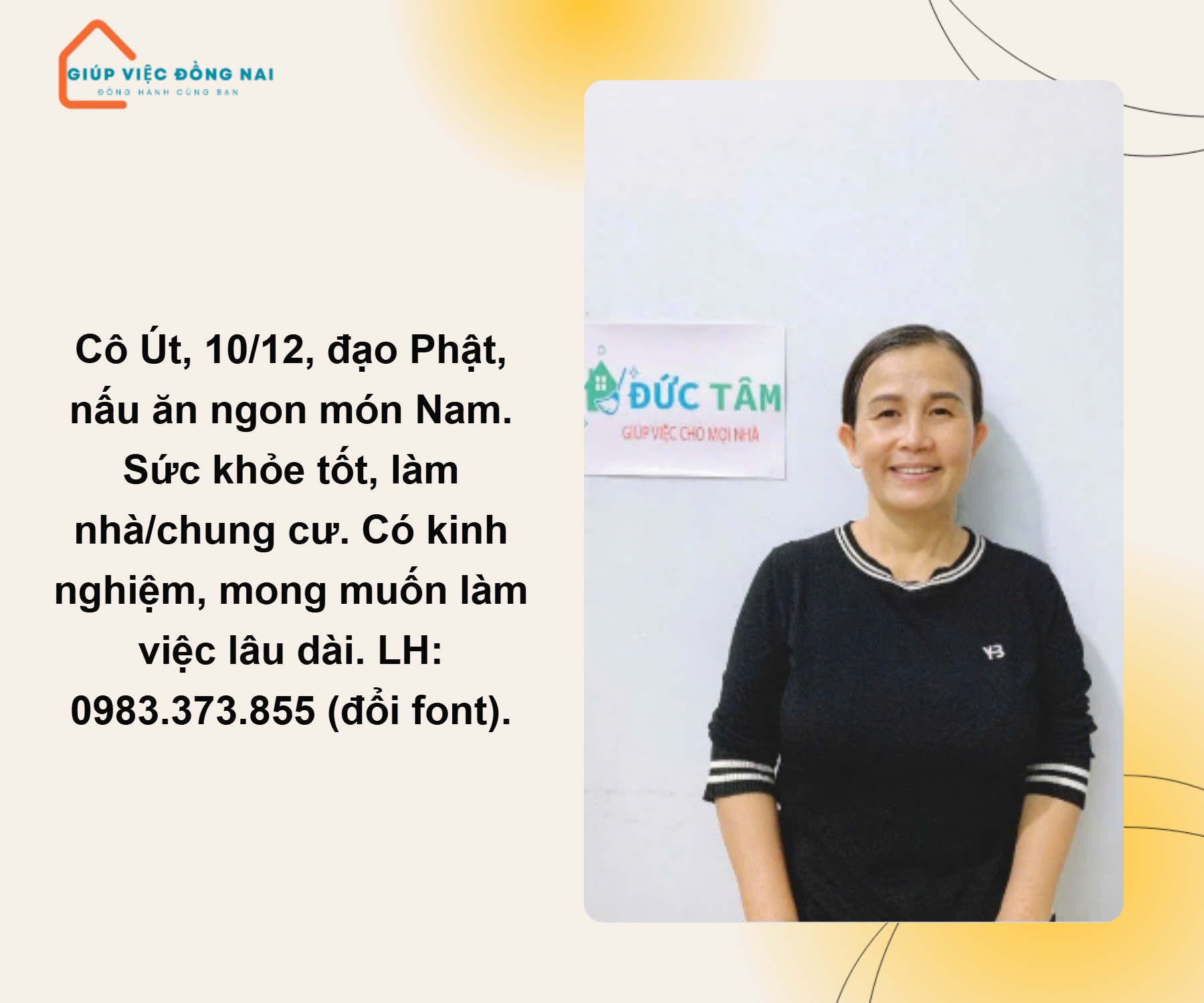 Chị DƯƠNG THỊ ÚT, sinh năm 1972, quê Đồng Nai cần tìm việc