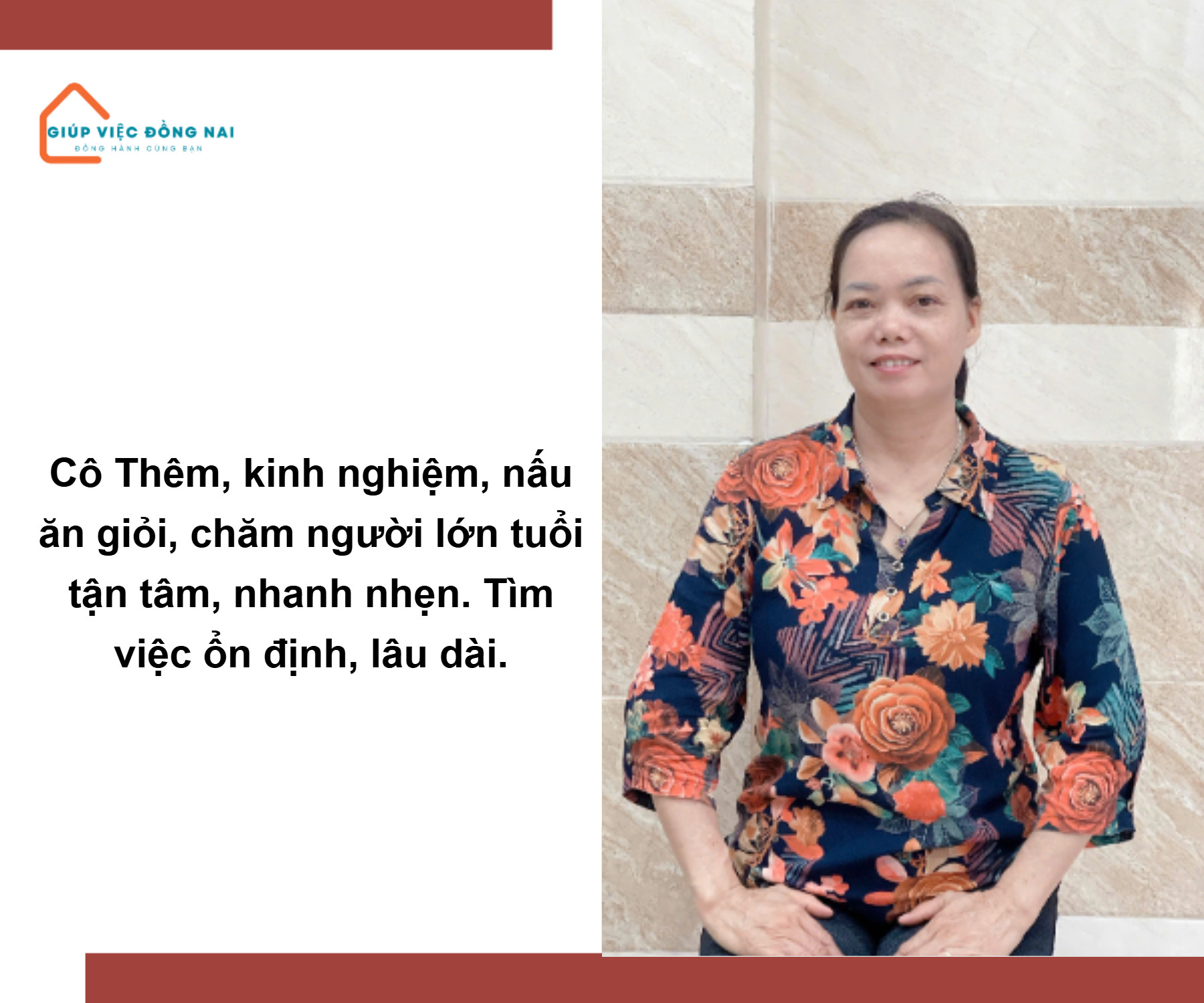 Chị NGUYỄN THỊ THÊM, sinh năm 1972, quê Hưng Yên cần tìm việc