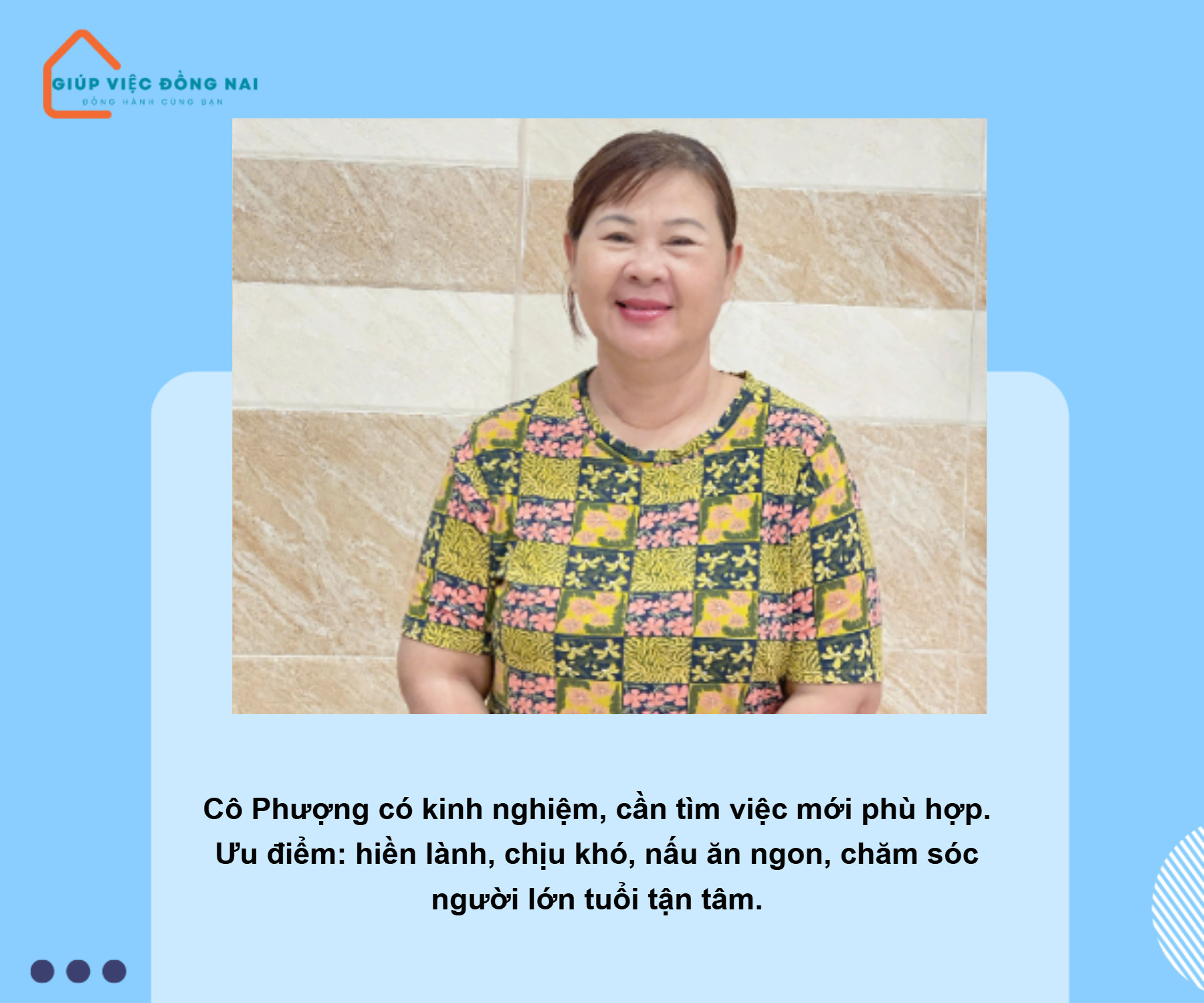 Chị NGUYỄN THỊ PHƯỢNG, sinh năm 1970, quê Hồ Chí Minh cần tìm việc