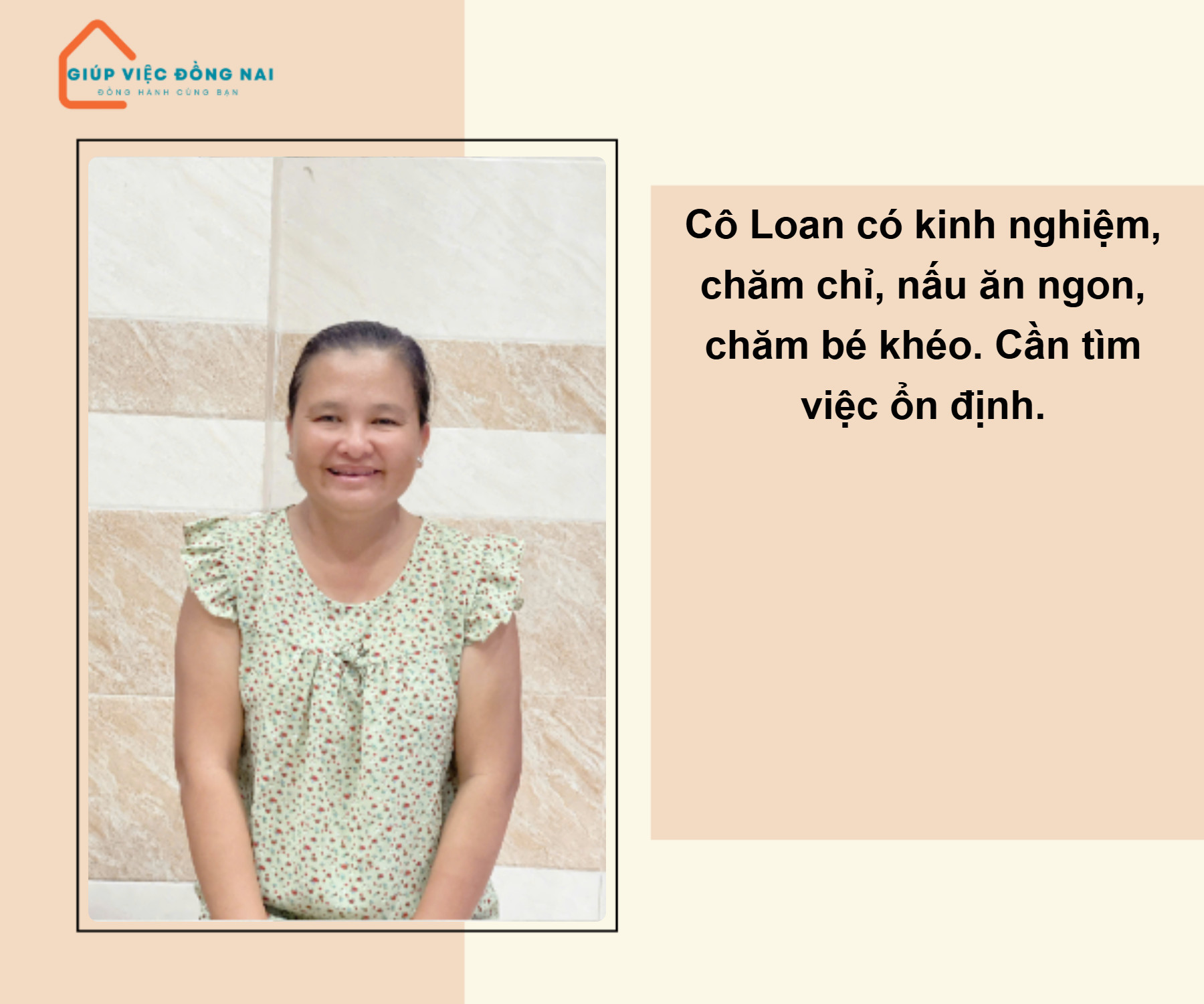 Chị PHẠM TUYẾT LOAN, sinh năm 1981, quê Tiền Giang cần tìm việc