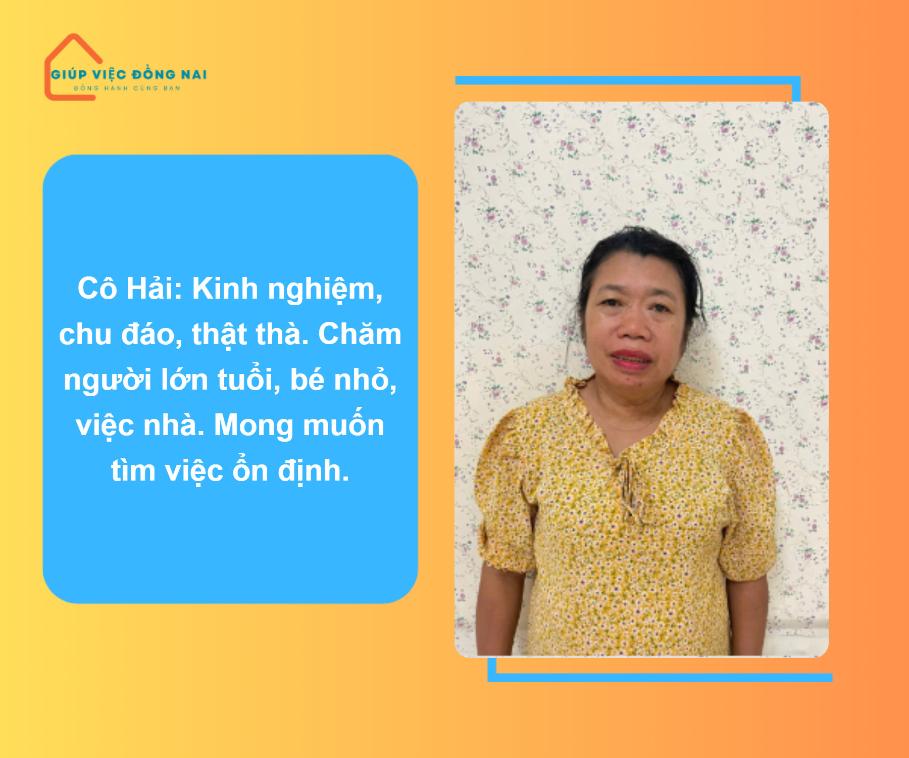 Chị NGUYỄN THỊ HẢI, sinh năm 1973, quê Nghệ An cần tìm việc