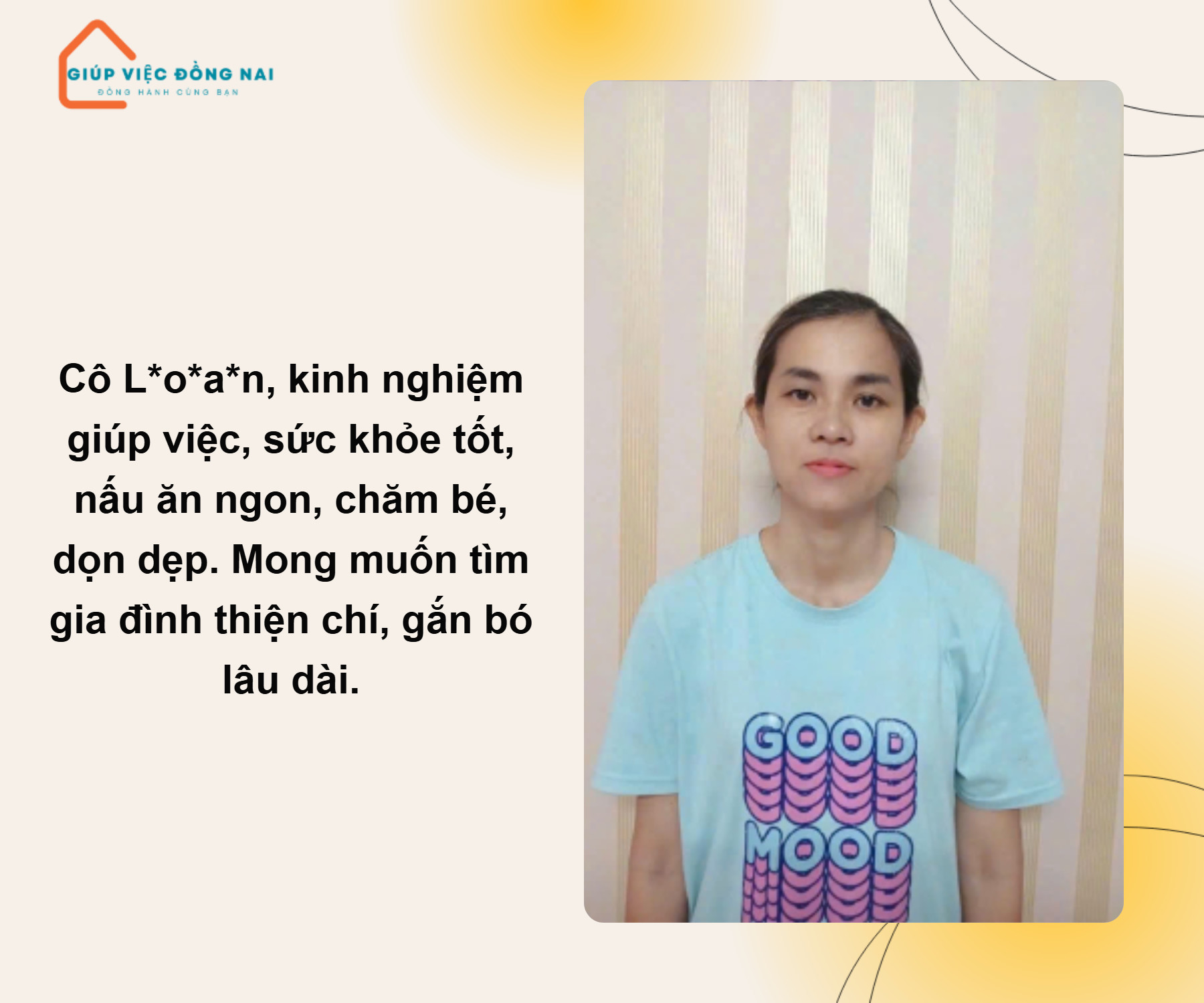 Chị PHÙNG HỒNG BÍCH LOAN, sinh năm 1980, quê Đồng Nai cần tìm việc