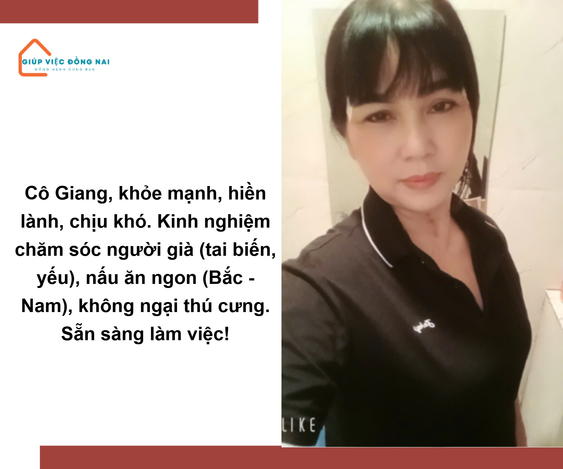 Chị TRẦN THỊ GIANG, sinh năm 1973, quê Đồng Nai cần tìm việc