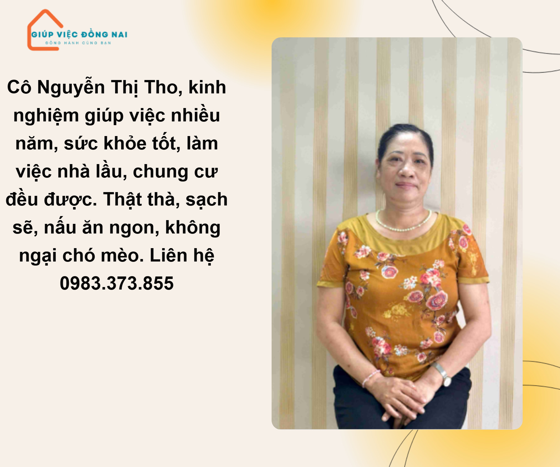 Chị NGUYỄN THỊ THO, sinh năm 1976, quê Nam Định cần tìm việc