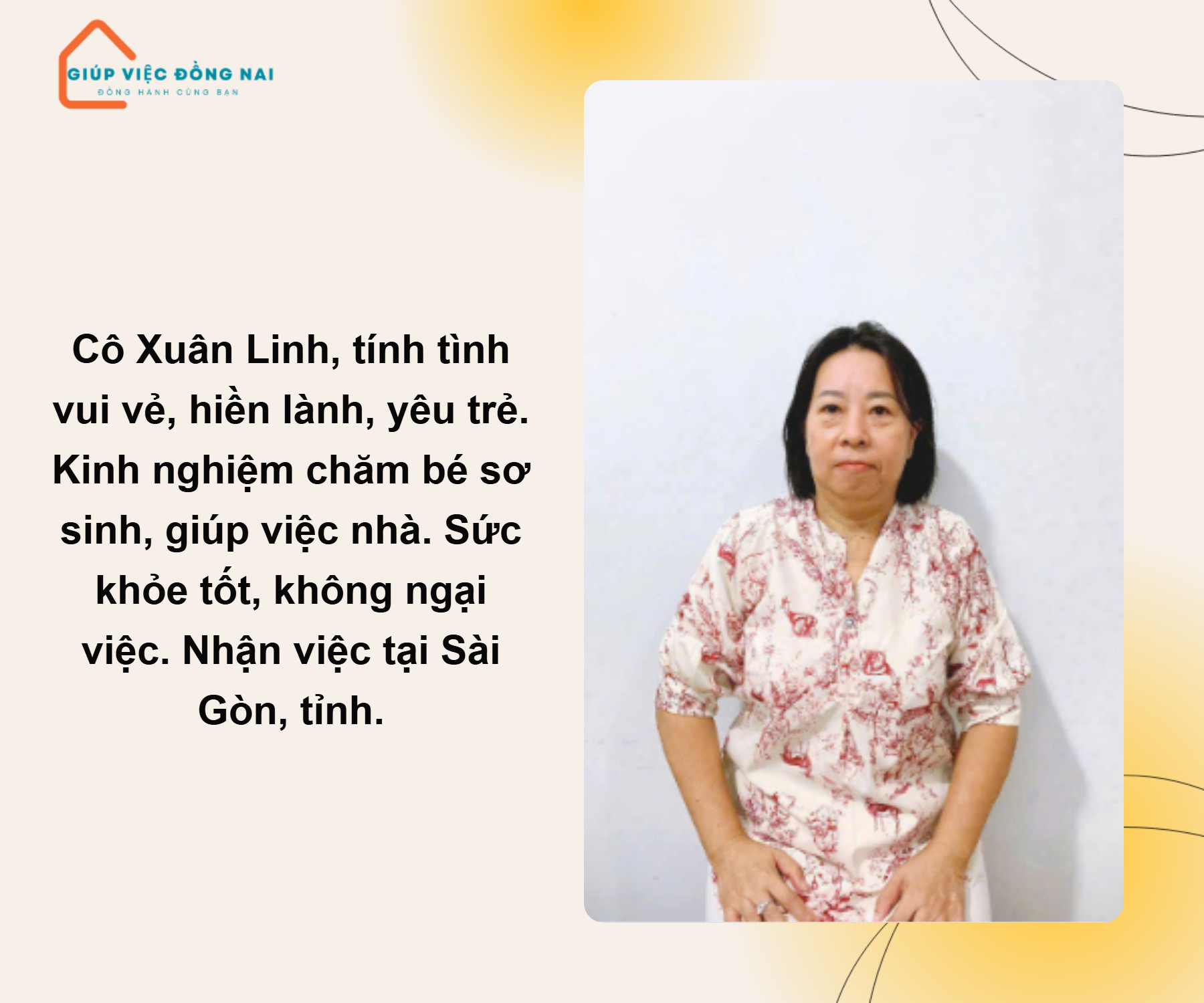Chị NGUYỄN THỊ XUÂN LINH, sinh năm 1973, quê Tiền Giang cần tìm việc