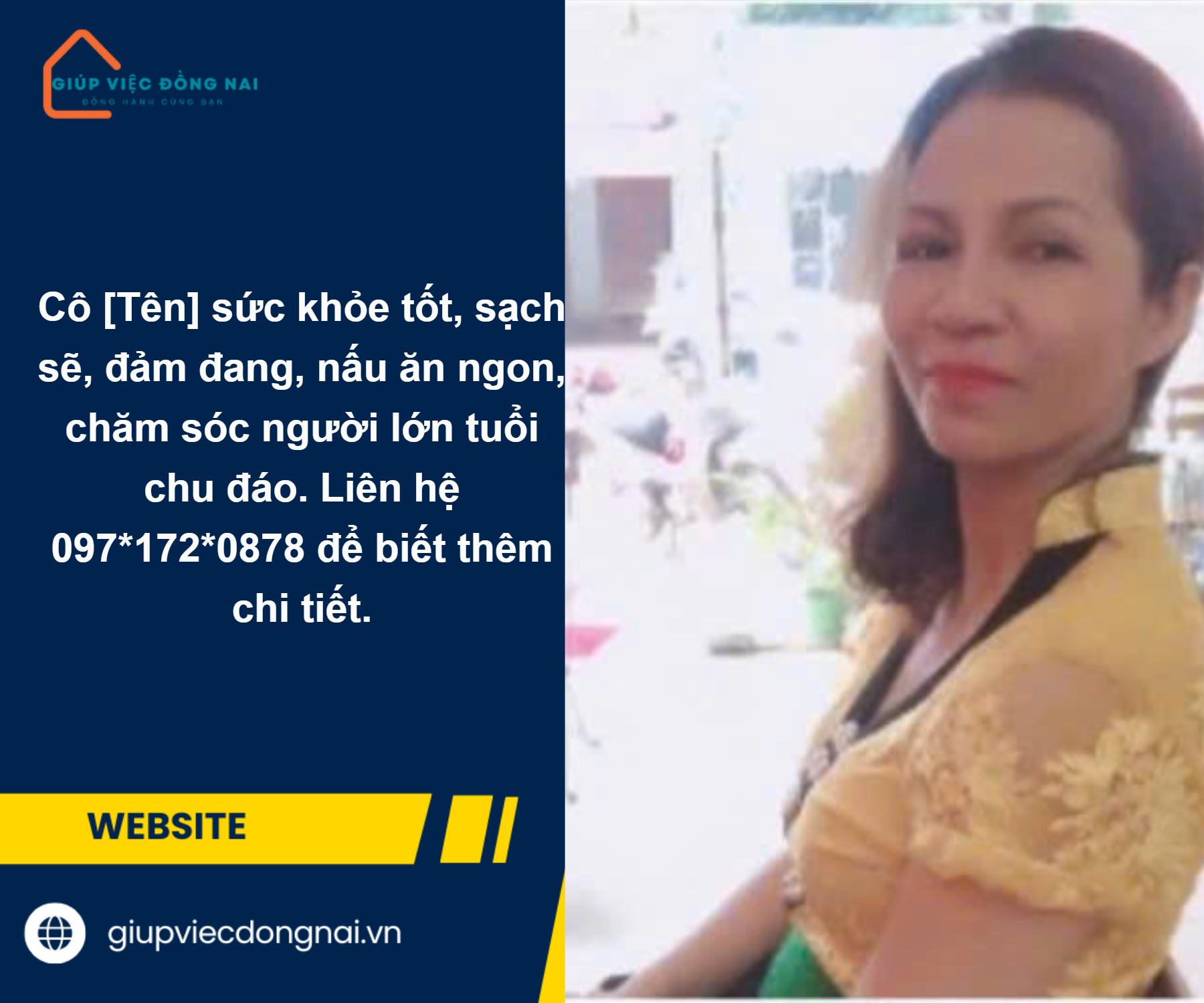 Chị NGUYỄN THỊ HUỆ, sinh năm 1972, quê Thừa Thiên Huế cần tìm việc