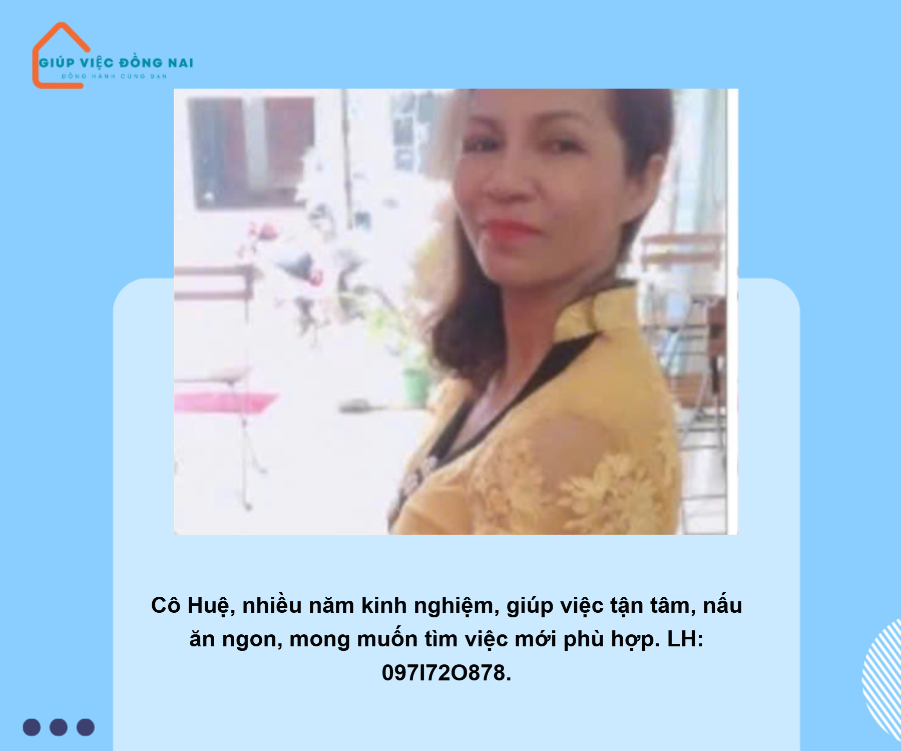 Chị NGUYỄN THỊ HUỆ, sinh năm 1972, quê Thừa Thiên Huế cần tìm việc