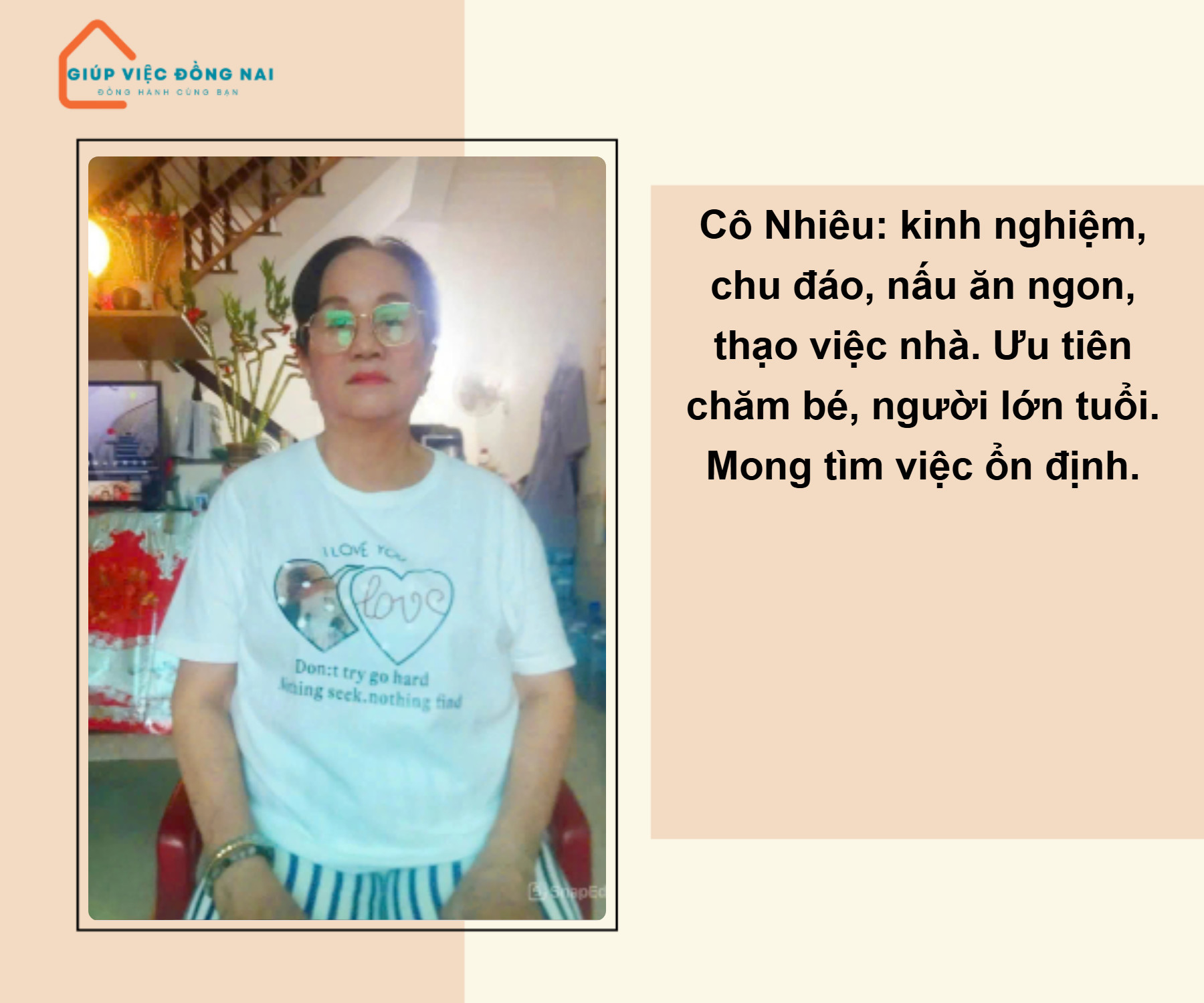 Chị LÊ THỊ NHIỀU, sinh năm 1963, quê Đồng Tháp cần tìm việc