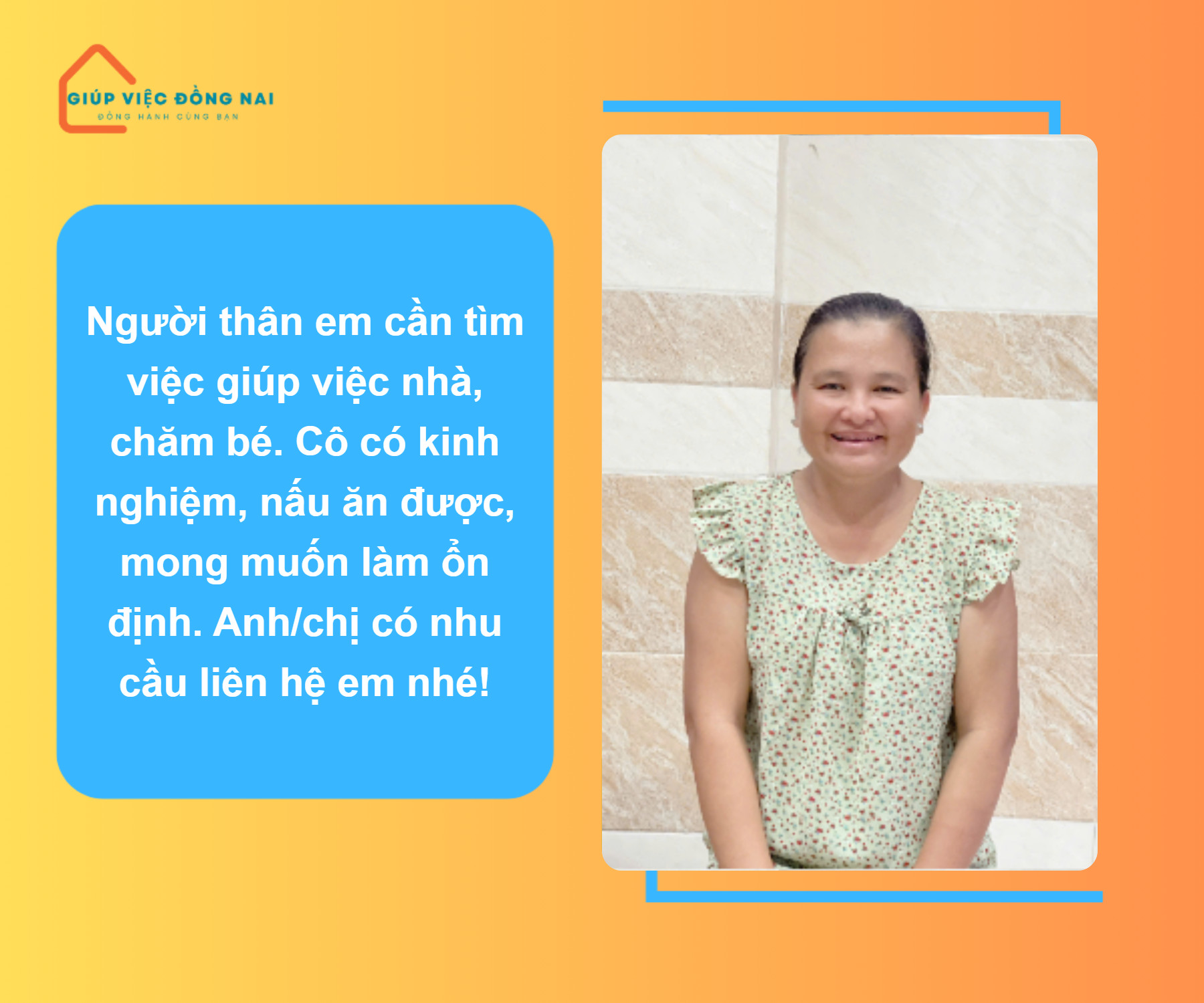 Chị PHẠM TUYẾT LOAN, sinh năm 1981, quê Tiền Giang cần tìm việc