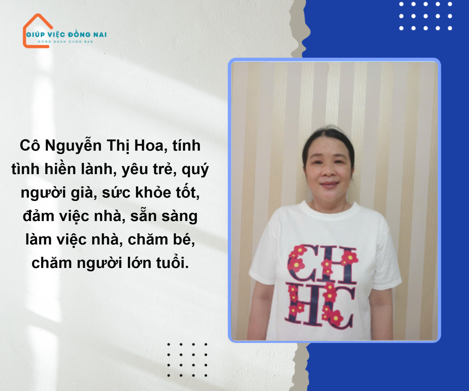 Chị NGUYỄN THỊ HOA, sinh năm 1981, quê Quảng Bình cần tìm việc