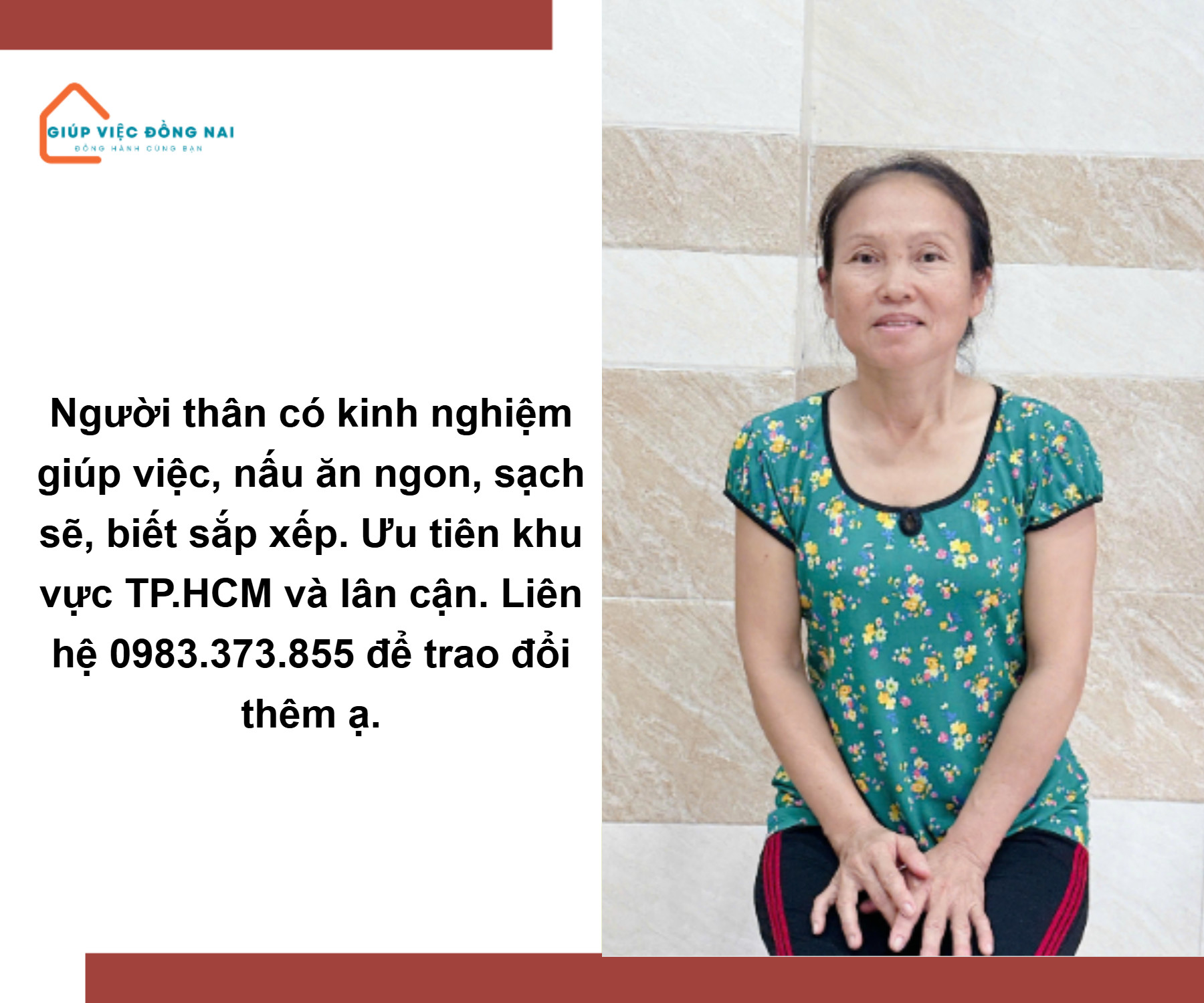 Chị VÕ THỊ ĐỨC THẮNG, sinh năm 1976, quê Bình Thuận cần tìm việc