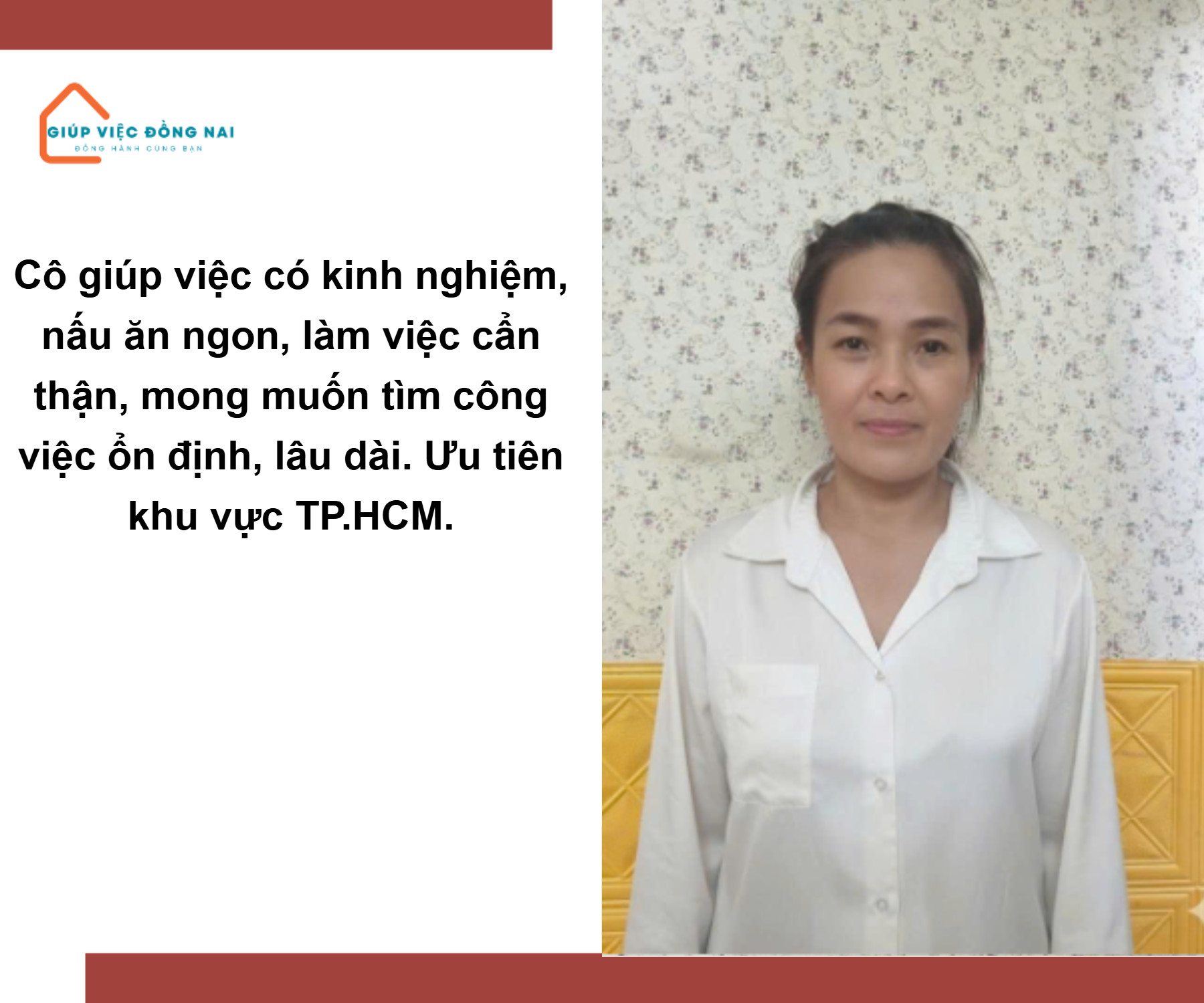 Chị NGUYỄN THỊ KIM PHƯƠNG, sinh năm 1975, quê Hồ Chí Minh cần tìm việc