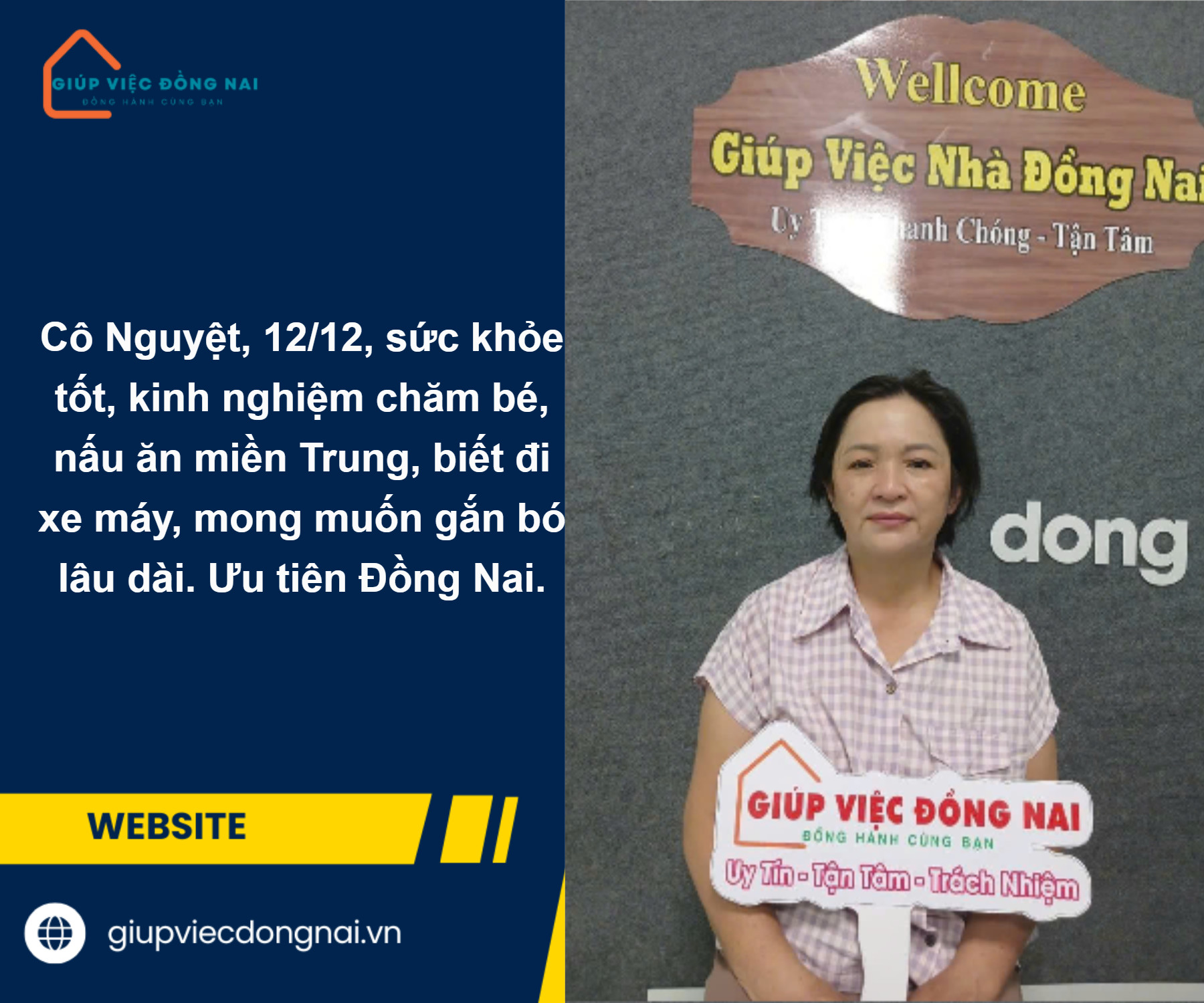 Chị TỐNG THỊ THANH NGUYỆT, sinh năm 1971, quê Đồng Nai cần tìm việc