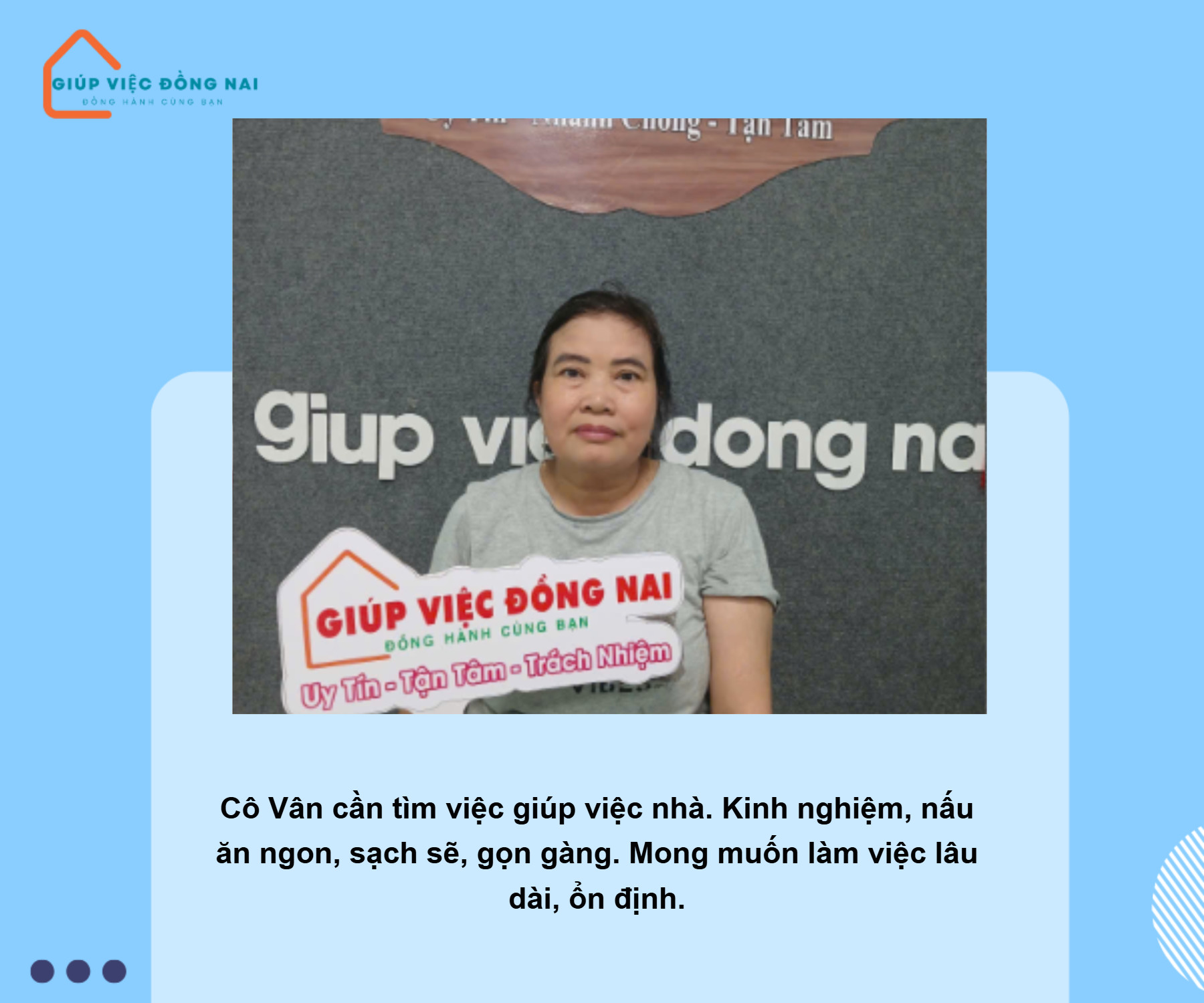 Chị NGUYỄN THỊ VÀN, sinh năm 1973, quê Đồng Nai cần tìm việc