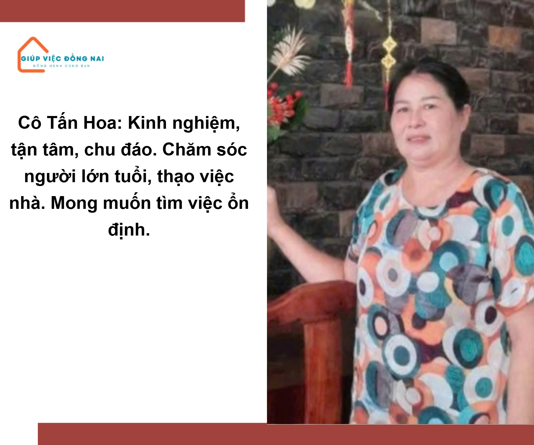 Cô Tấn Hoa (1975) cần tìm việc chăm sóc người già, bệnh