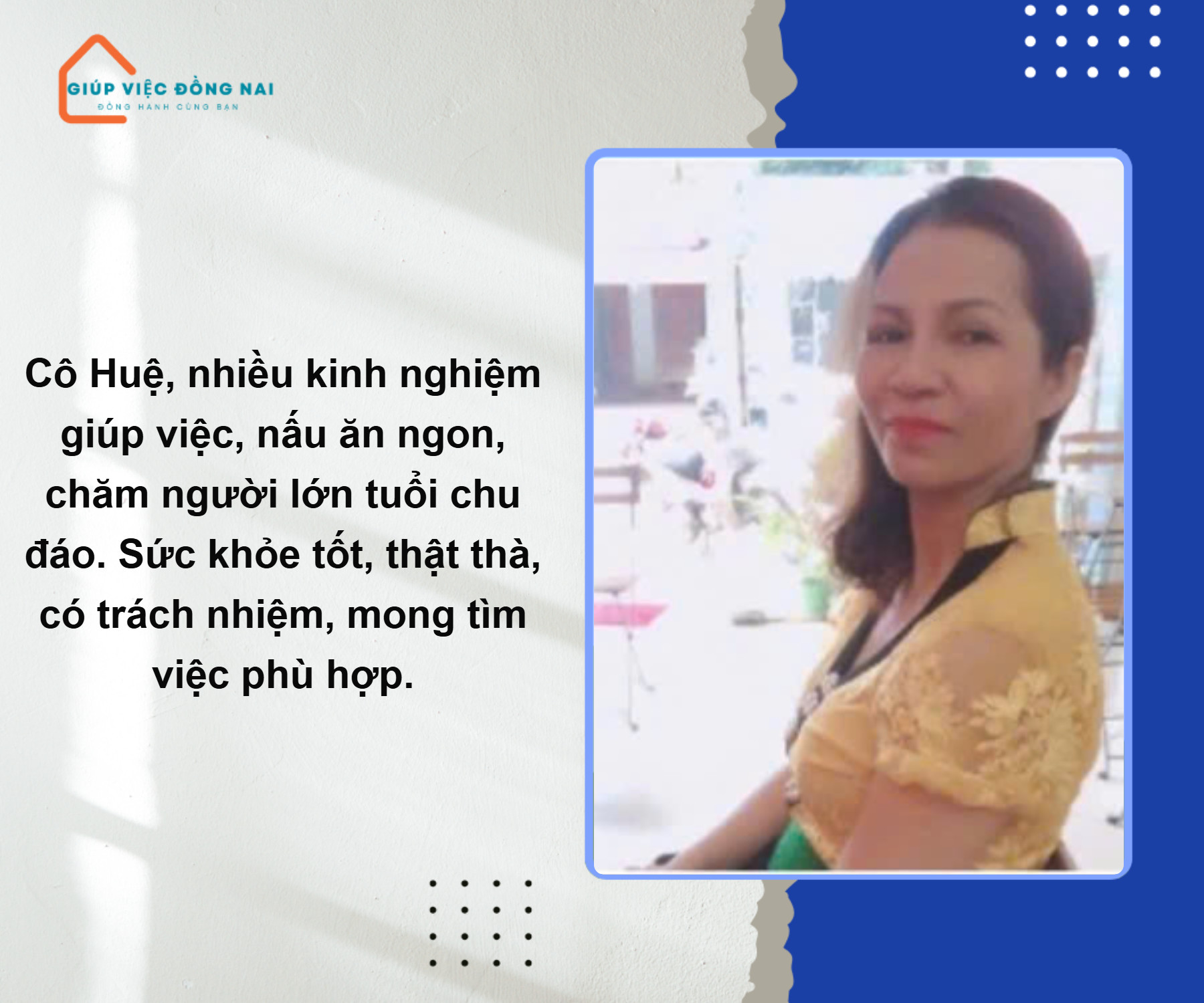 Chị NGUYỄN THỊ HUỆ, sinh năm 1972, quê Thừa Thiên Huế cần tìm việc