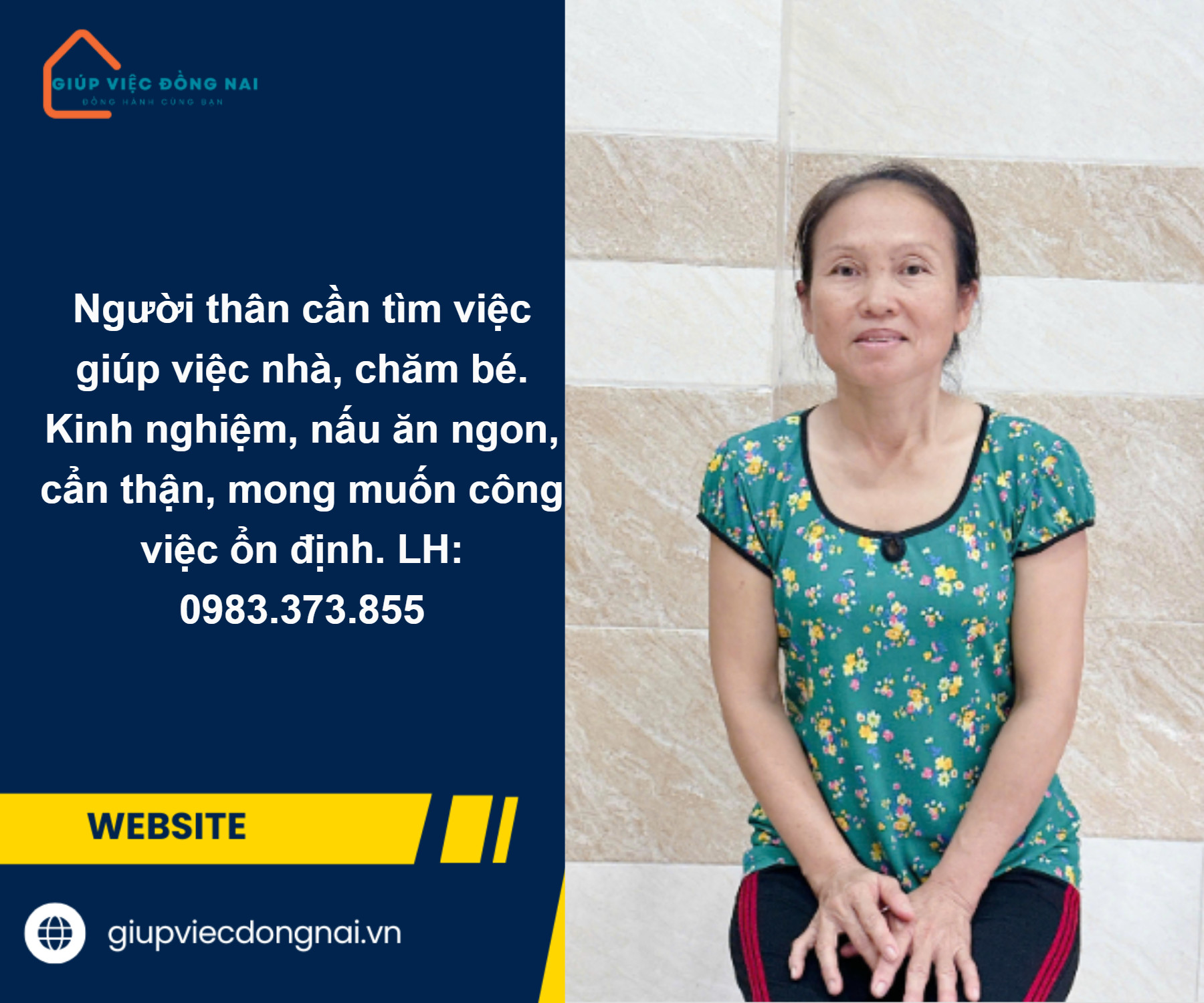 Chị VÕ THỊ ĐỨC THẮNG, sinh năm 1976, quê Bình Thuận cần tìm việc