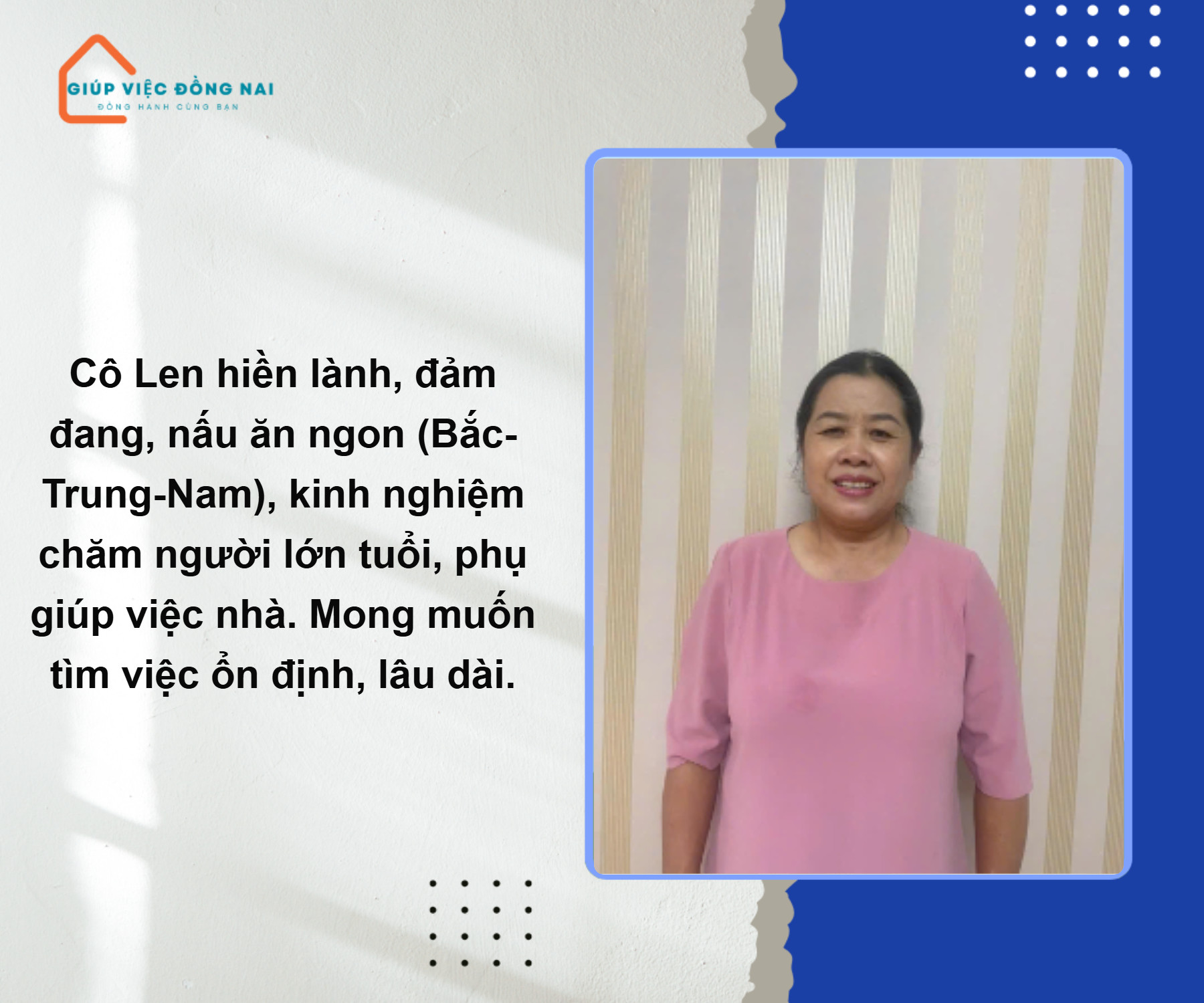 Chị NGUYỄN THỊ LEN, sinh năm 1969, quê Đắk Lắk cần tìm việc