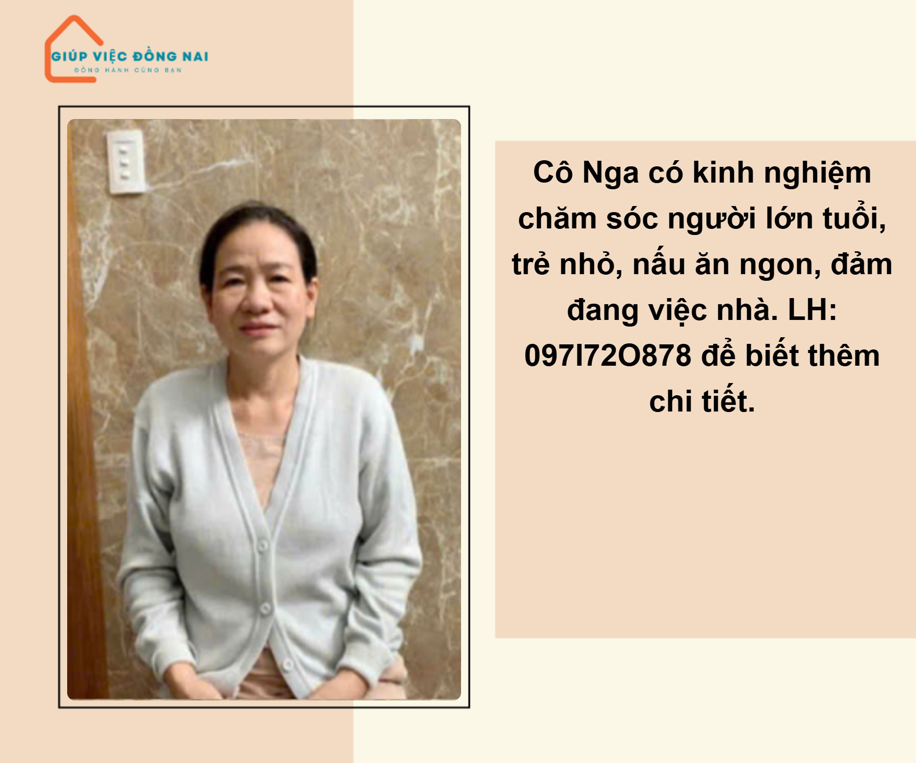 Chị NGÔ THỊ KIM NGA, sinh năm 1972, quê Hưng Yên cần tìm việc