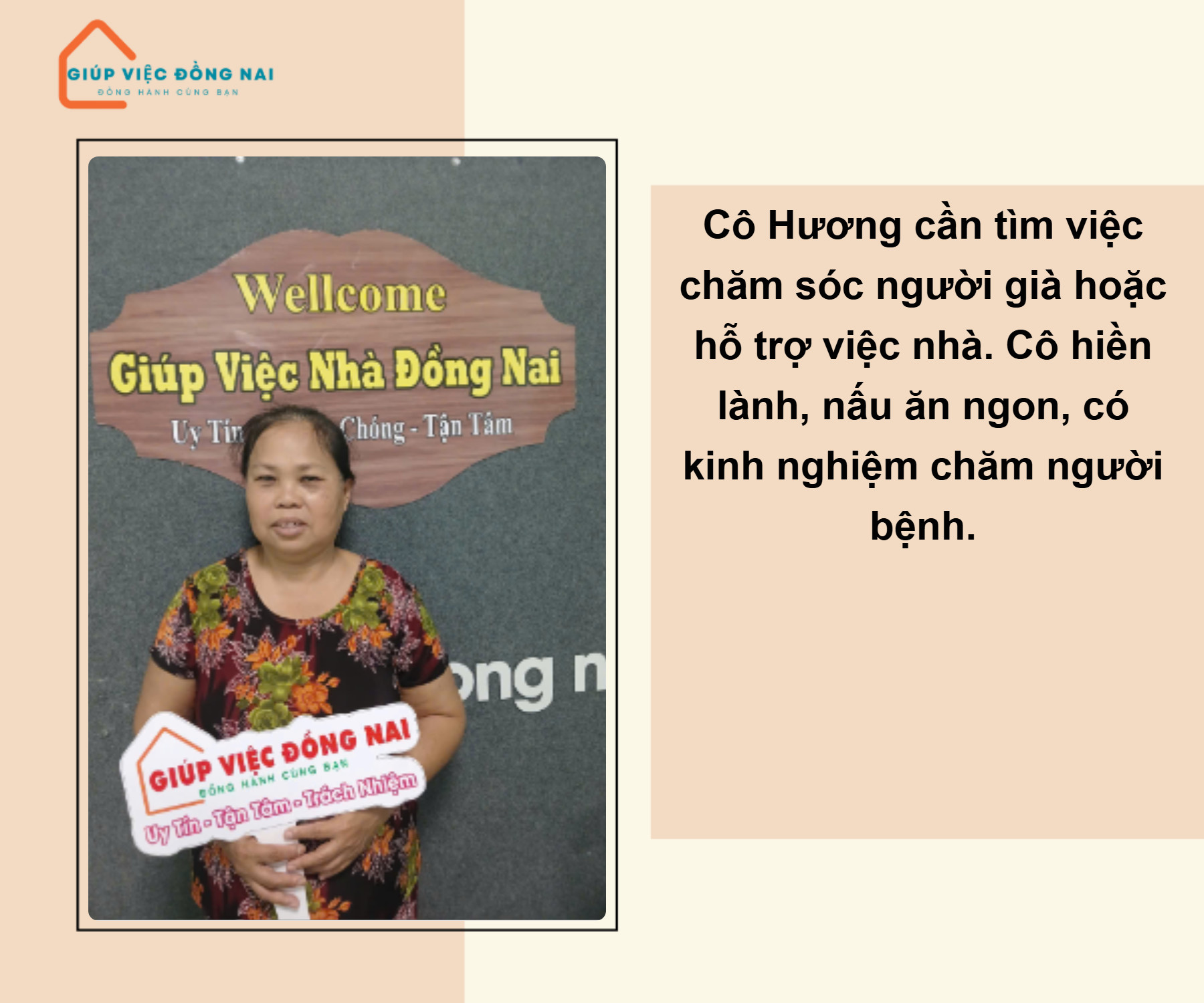 Chị NGUYỄN THỊ THU HƯƠNG, sinh năm 1967, quê Bến Tre cần tìm việc
