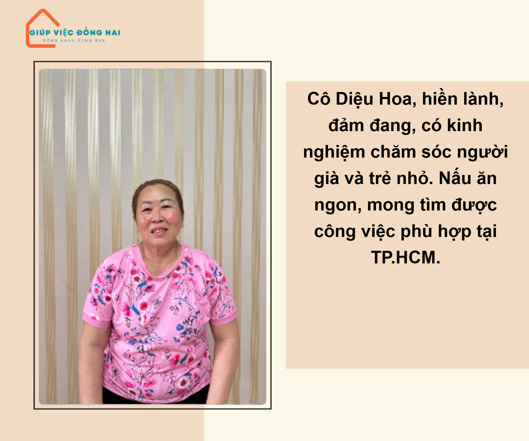 Chị Huỳnh Thị Diệu Hoa, sinh năm 1970, quê Khánh Hòa cần tìm việc